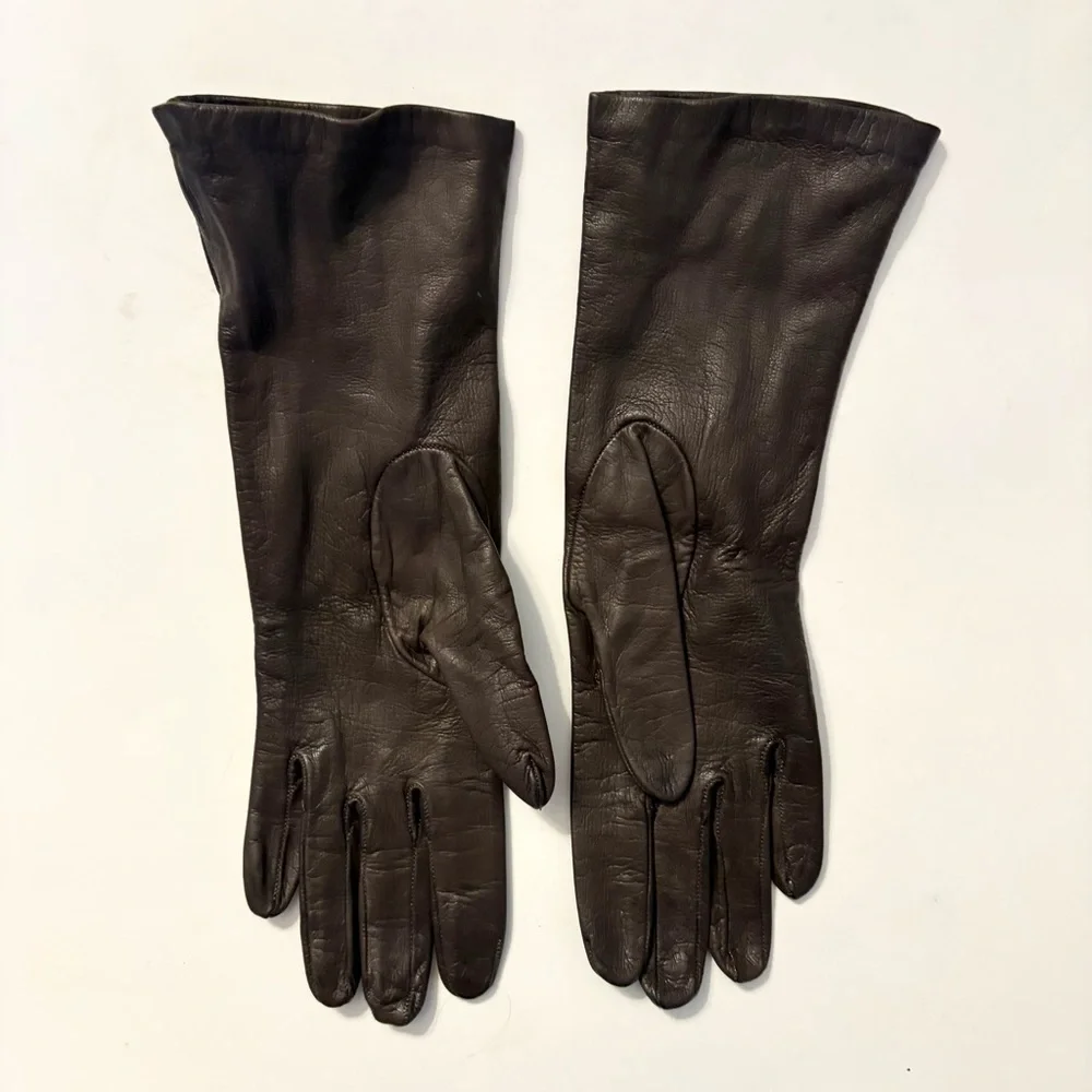 SAKS FIFTH AVENUE  Silk-Lined Leather Gloves, dark brown